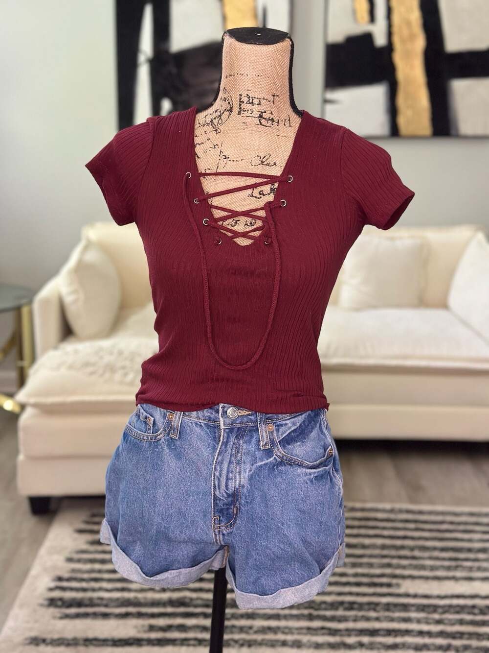 rue21 Ribbed Lace-Up Front Short Sleeve Bodysuit in Burgundy - Picture 1 of 6